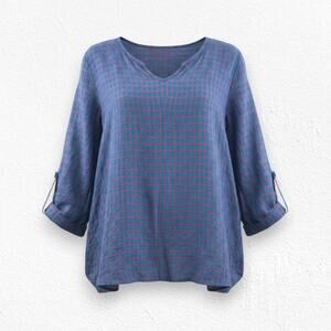 Y2K Vintage FLAX Teal Purple Linen Plaid Tunic Top Oversized Blouse Size XL